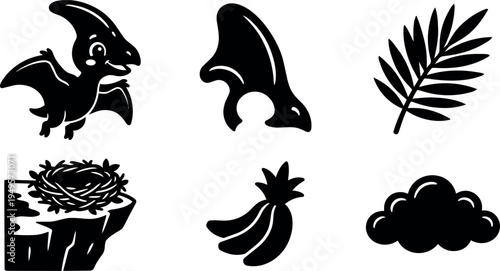 Simple black silhouette vector icons of flying pterodactyl dinosaur tropical leaf nest cliff bananas and cloud collection