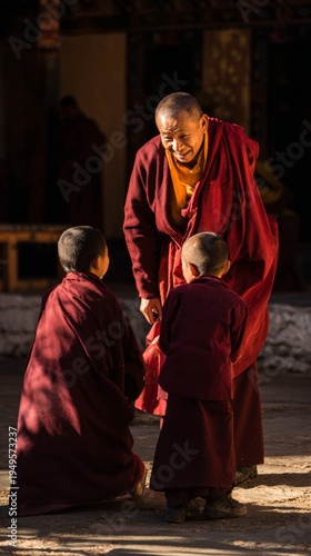 Elder monk smiling with two young monks in red robes