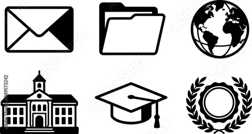 Black and white vector icons of envelope folder globe school building graduation cap and laurel wreath in simple classic style