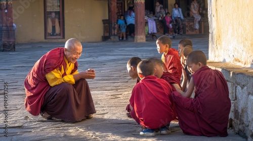 Elder monk laughing with young novices in monastery courtyard