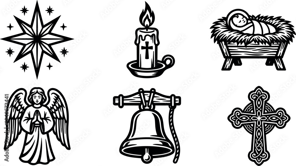 Naklejka premium Black and white vector art of nativity star candle baby jesus angel bell and ornate cross with religious christian christmas theme