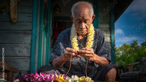 Elderly man stringing flower leis on porch