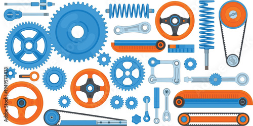 Collection of mechanical engine parts, orange and blue gears, springs, pulleys, technical machinery components, industrial engineering elements, flat vector illustration.