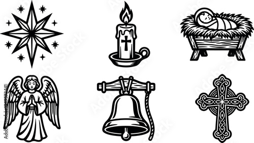 Black and white vector art of nativity star candle baby jesus angel bell and ornate cross with religious christian christmas theme