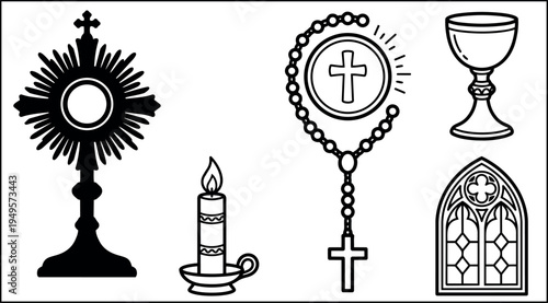 Black and white vector art set of catholic religious objects including candle monstrance rosary chalice and stained glass window icons