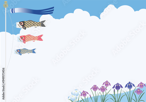 鯉のぼりと菖蒲の和風背景イラスト こどもの日・端午の節句ベクター素材