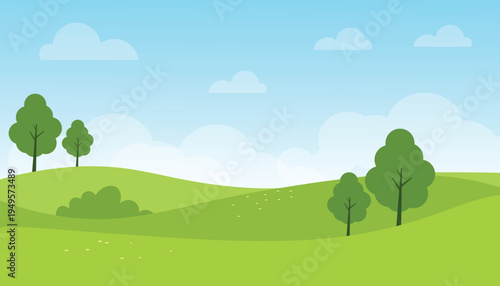Flat Nature Landscape with Green Hills and Trees under Blue Sky