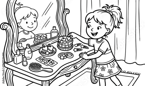 Black and white line art of smiling little girl arranging jewelry on vintage vanity table with mirror and various beauty accessories in bedroom