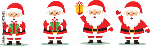 Cartoon Santa Claus illustration set, festive Christmas clipart, gift box poses, cheerful holiday character vector, seasonal design pack