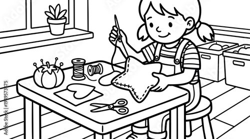 Black and white line art girl sewing star shaped pillow sitting at table with threads pins scissors inside room