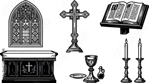 Black and white vector art of church altar with stained glass window cross bible chalice candles religious items detailed illustration