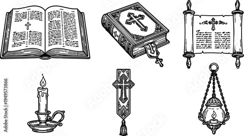 Black and white religious vintage style detailed vector illustration set with open bible cross book candle scroll and lantern