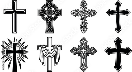 Black and white vector art collection of various christian cross designs featuring floral drapery and celtic elements in isolated composition