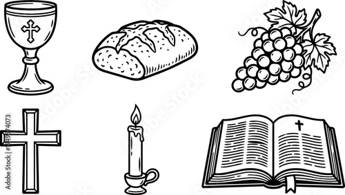 Hand drawn black and white vector art of christian communion elements including chalice bread grapes cross candle and bible illustration