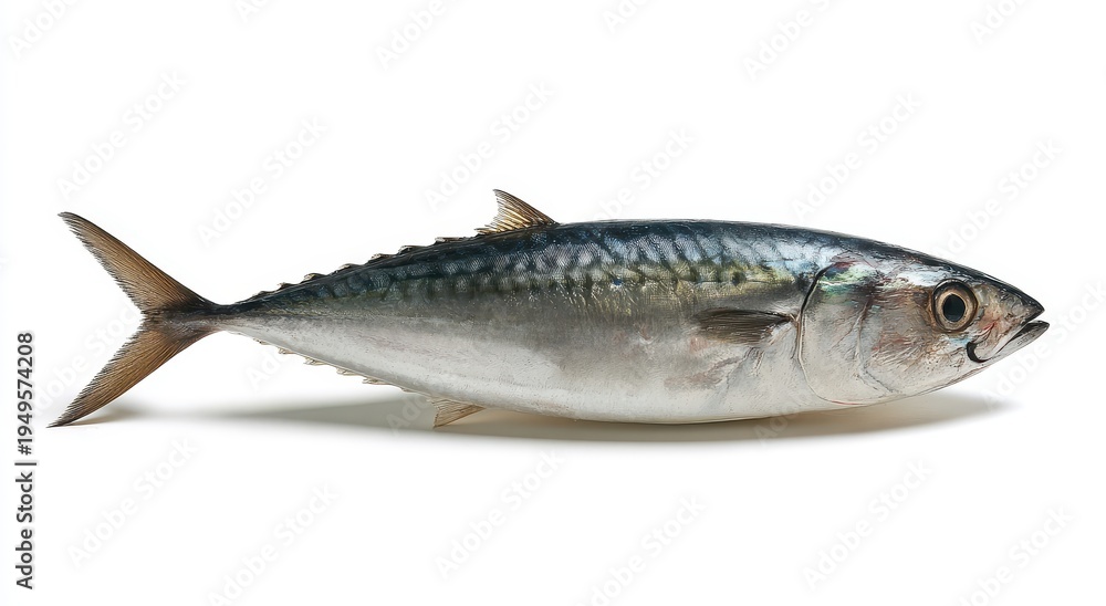 Fototapeta premium Fresh Mackerel - Silver and Blue Fish on White Background, Isolated.