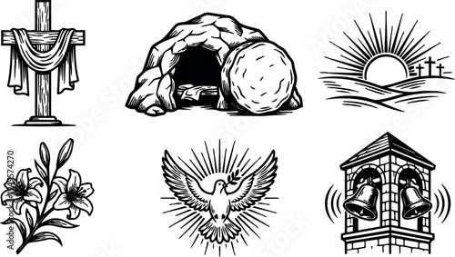Black and white vector art of empty tomb cross sunrise dove lily flowers and ringing bell in religious scene of easter celebration symbols
