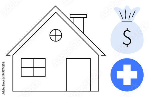 Home financing, healthcare budgeting, investment, medical insurance, homeownership, economic planning. House outline with money bag and medical symbol. Home financing and healthcare budgeting concept