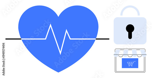 Health data security, online shopping, cybersecurity, medical records safety, e-commerce protection, and stable systems. Blue heart with a pulse line, padlock and shopping cart. Health data security