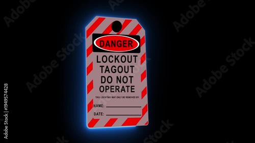 Lockout tagout safety sign hangs on industrial machinery belts to prevent operation and ensure worker protection in hazardous environments.
