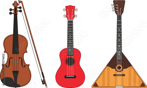 Cartoon String Instruments Set Featuring Violin, Red Ukulele, and Russian Balalaika – Cultural Music Vector Illustration for Education