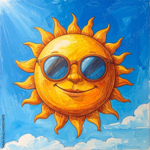 Smiling Sun Wearing Sunglasses in a Bright Blue Sky with Clouds.