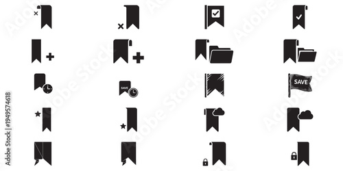 Set of bookmark icons, save, add, delete, folder, cloud, and lock symbols