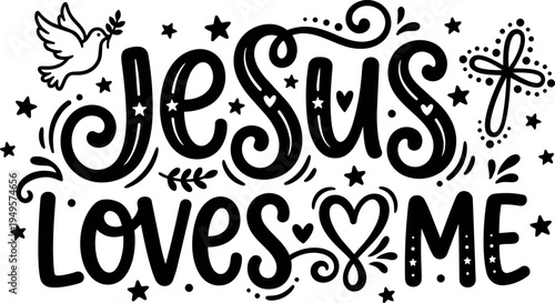 Hand drawn black and white jesus loves me phrase with dove cross heart and stars decorative elements vector art