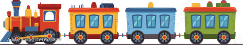 Cartoon Toy Steam Engine Train with Colorful Passenger Wagons for Kids Transportation Play Preschool Education and Creative Childhood Travel Vector