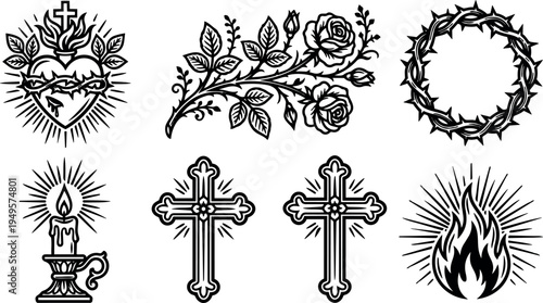 Black and white religious vector icons sacred heart crown of thorns rose flower candle cross flame illustration set
