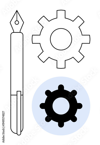 Creativity concept. Pen nib and gear icons creative innovation and mechanisms. Creativity merges design and technical thinking. For design, innovation, engineering, education, technology
