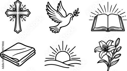 Black and white line art six religious vector icons cross dove bible cloth sunrise lily flower set