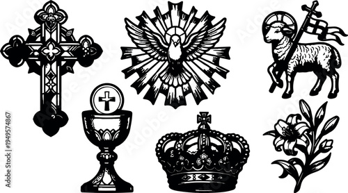 Black and white religious symbols vector art featuring ornate cross chalice dove lamb crown and lily floral elements in detailed silhouette style