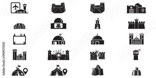 Military base and fortress architectural icons representing defense and strategic centers