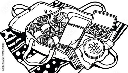 Black and white line art knitting supplies with yarn balls needles embroidery hoop beads and sketchbook on fabric surface