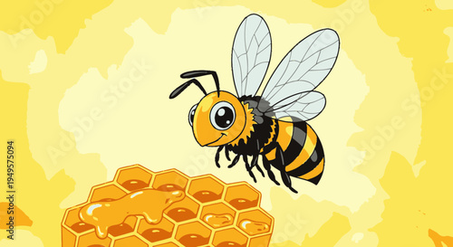 Cartoon bee flying near honeycomb.
