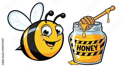 Cartoon bee and honey jar.
