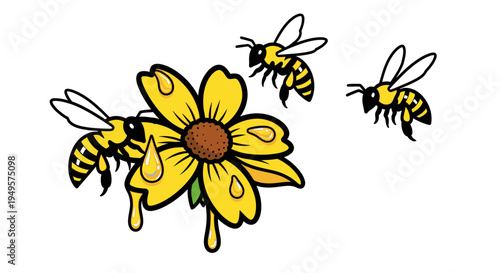 Bees flying around a yellow flower.