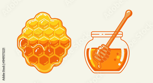 Honeycomb and honey jar illustration.