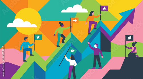 People Climbing Up a Colorful Mountain Illustration.