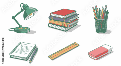 School supplies on a table desk.