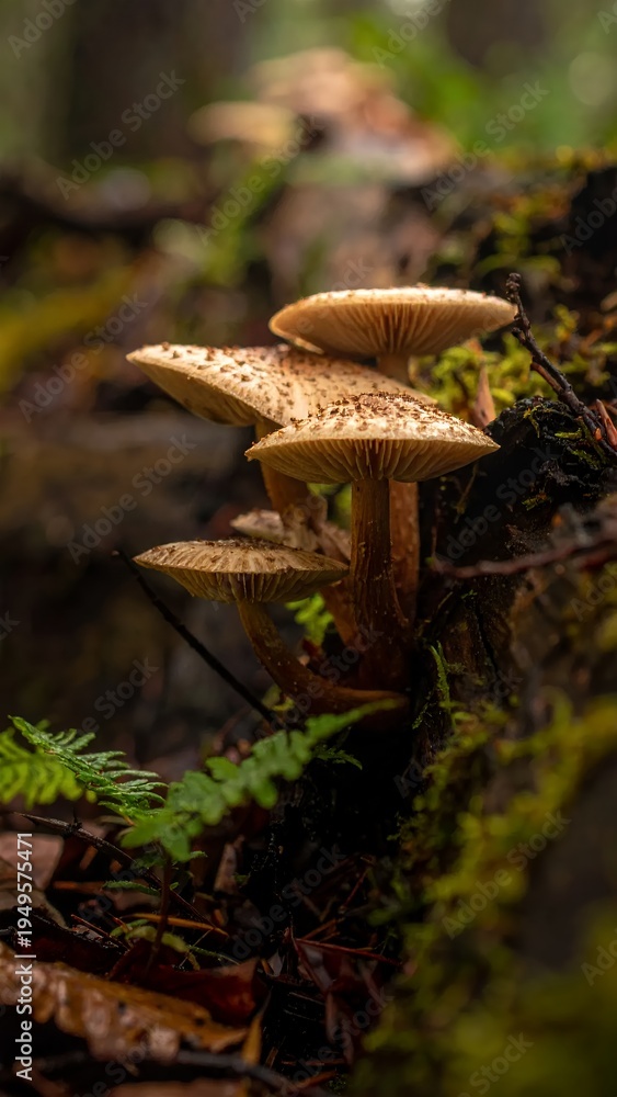 Fototapeta premium Wild Mushrooms Growing on a Mossy Log in a Forest.