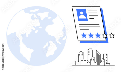 Earth globe, professional profile with star ratings, urban buildings. Ideal for recruitment, career growth, global connection, urbanization, talent evaluation, networking simple flat metaphor