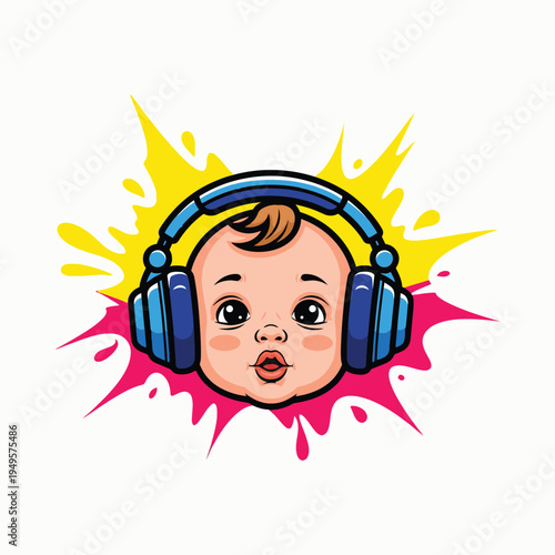 Baby face wearing headphones, enjoying music with colorful splash background, joyful expression, childhood entertainment concept, fun and energetic
