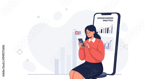 Woman using smartphone for expense banking analytics on a large phone screen with charts