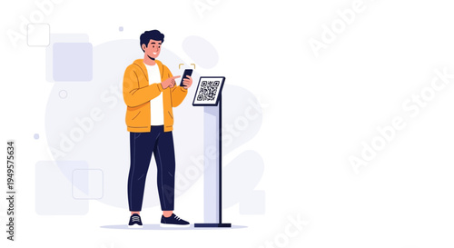 Man scanning QR code on phone at kiosk, modern technology, contactless payment
