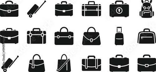 Set of bag icons including briefcase suitcase travel luggage backpack handbag and professional portfolio symbols for business office and travel design