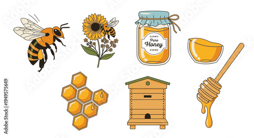 Bee Honey Production Illustration Set.