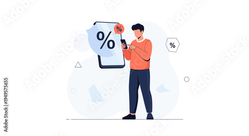 Man Using Smartphone with Percentage Symbols, Online Shopping Discount Concept