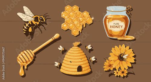 Bee honeycomb and honey jar illustration.