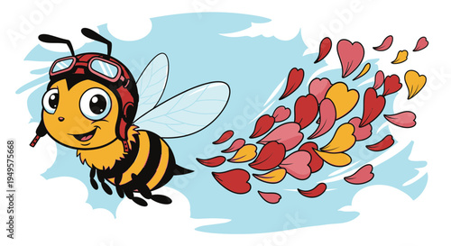 Cartoon bee wearing goggles flying.